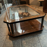 Table basse vintage loupe d'orme et verre