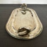 Oval silver plated metal dish with swan head handles