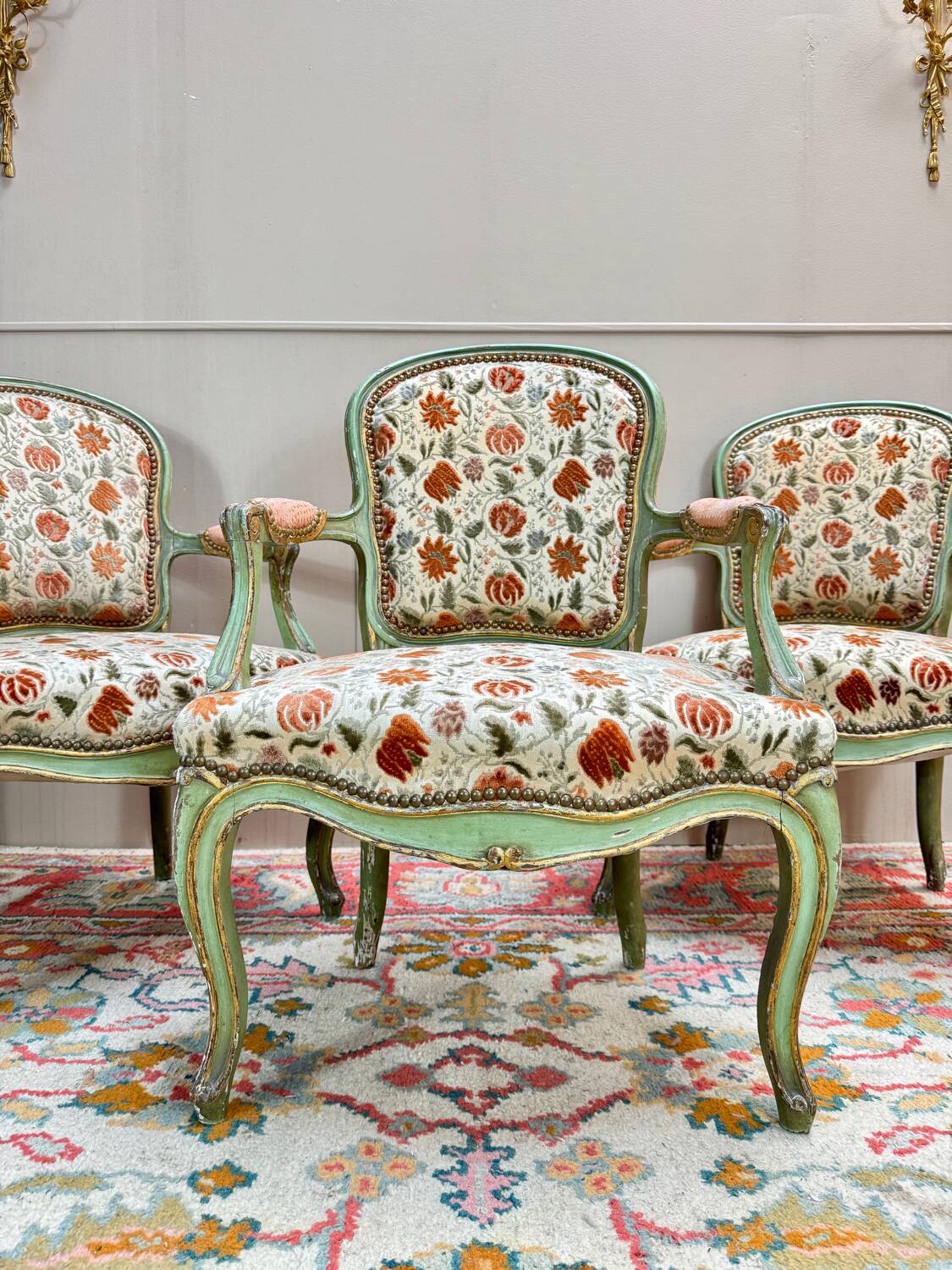 Set of Three Louis XV Style Lacquered Wood Armchairs, 19th Century