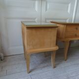 Pair of vintage bedside tables in raw wood, mirrored tops.