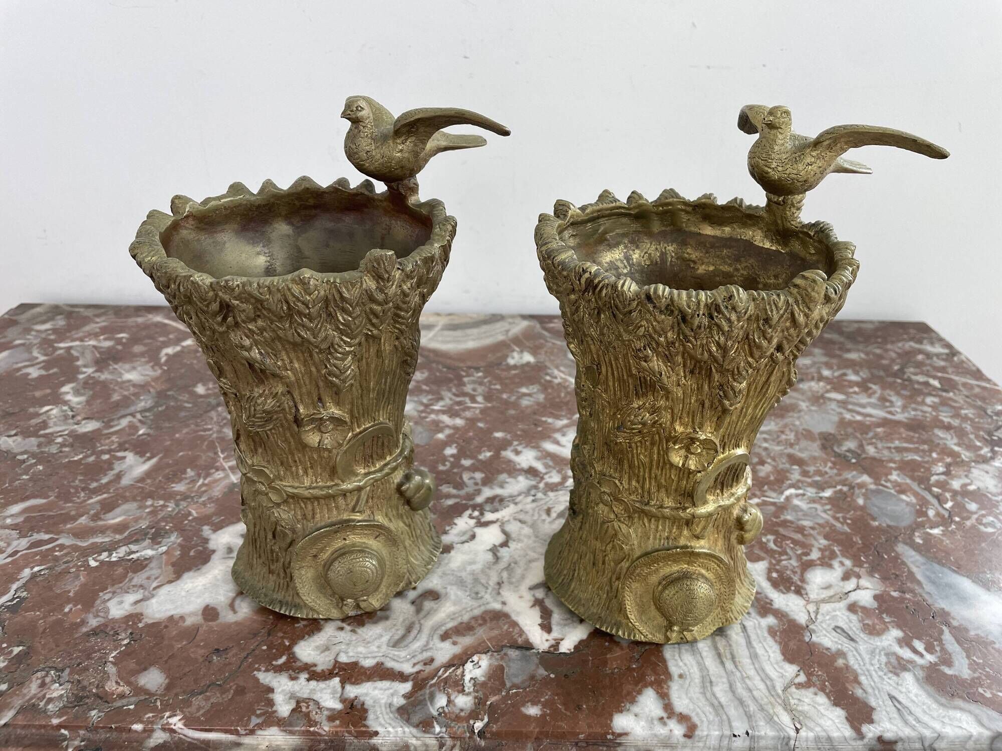 Pair of vases, solid bronze, gilded, early 20th century work, dove decoration, sheaf of wheat, art