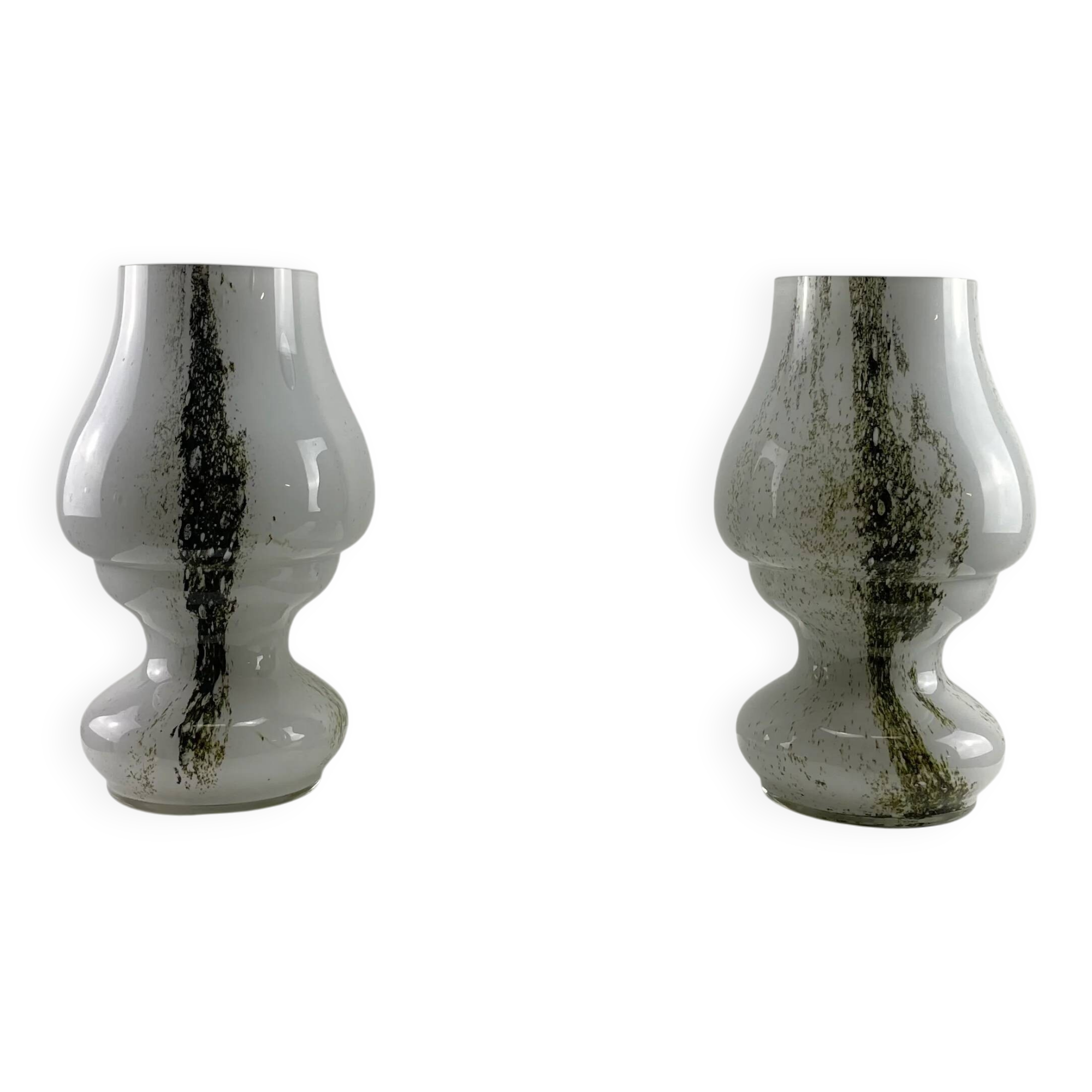 Pair of mushroom table lamps in white and green glass by Doria Leuchten, 1970.