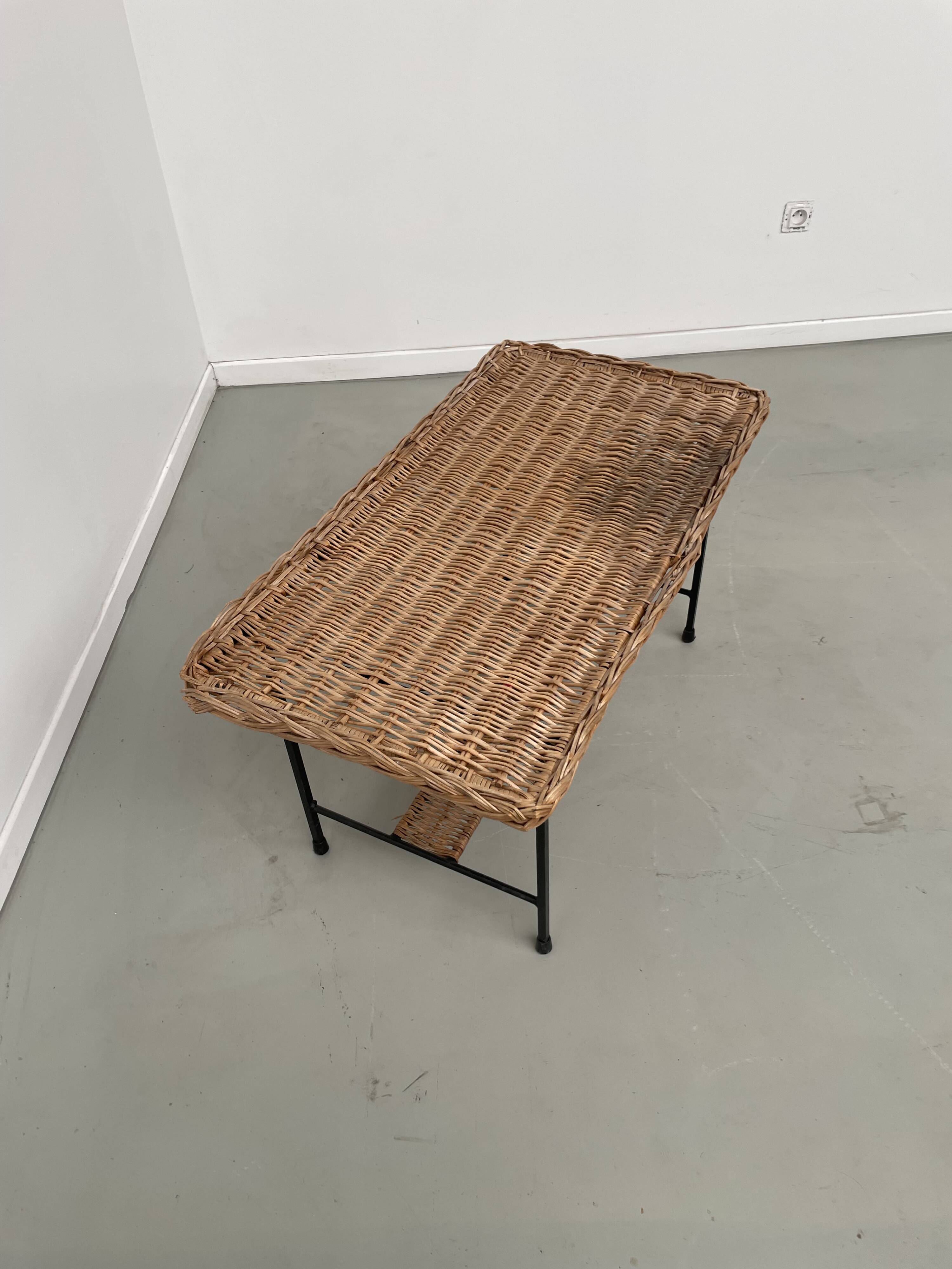 Woven wicker and metal coffee table 1960
