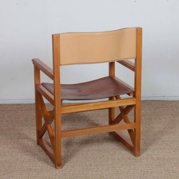 Fauteuil bridge vintage en bois massif et cuir, 1980