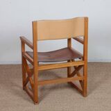 Vintage bridge chair in solid wood and leather, 1980