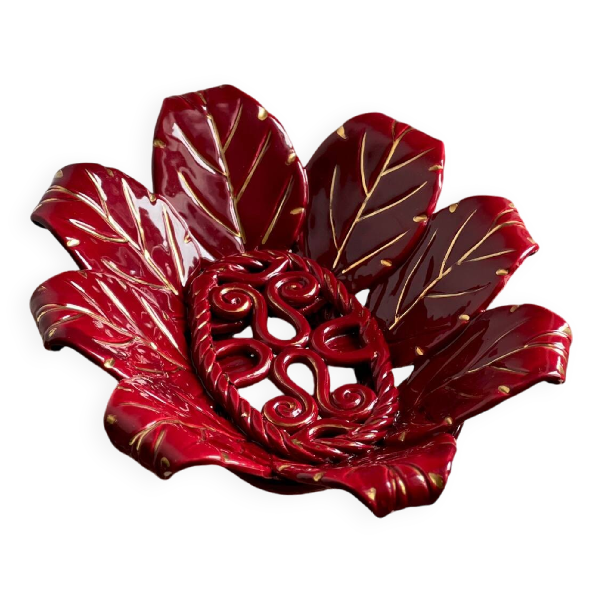 Woven ceramic basket with petals in oxblood slip / baroque style, eclectic