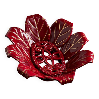 Woven ceramic basket with petals in oxblood slip / baroque style, eclectic