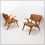 Pair of rope and wood armchairs - 1950s