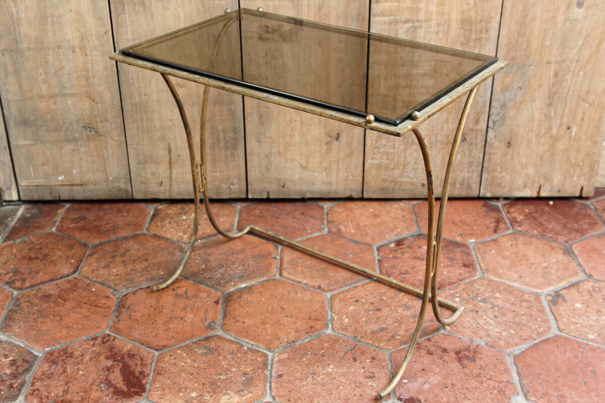 Sofa end, coffee table, wrought iron and glass