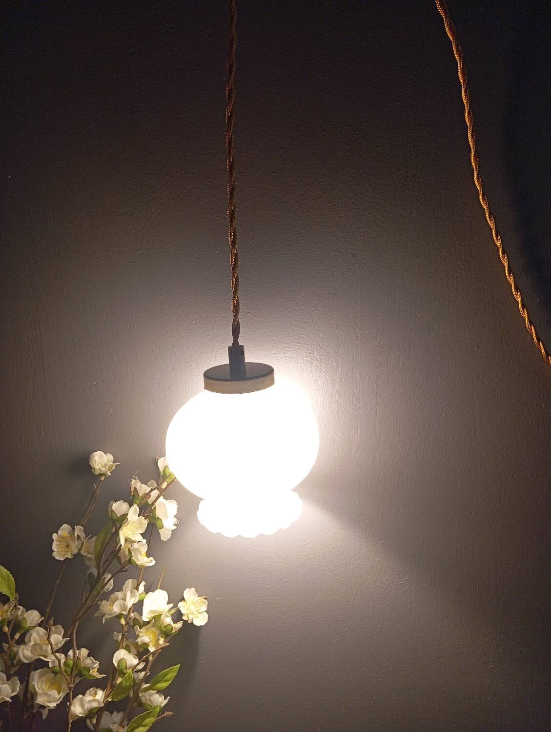 White opal curved glass hanging lamp, art deco style