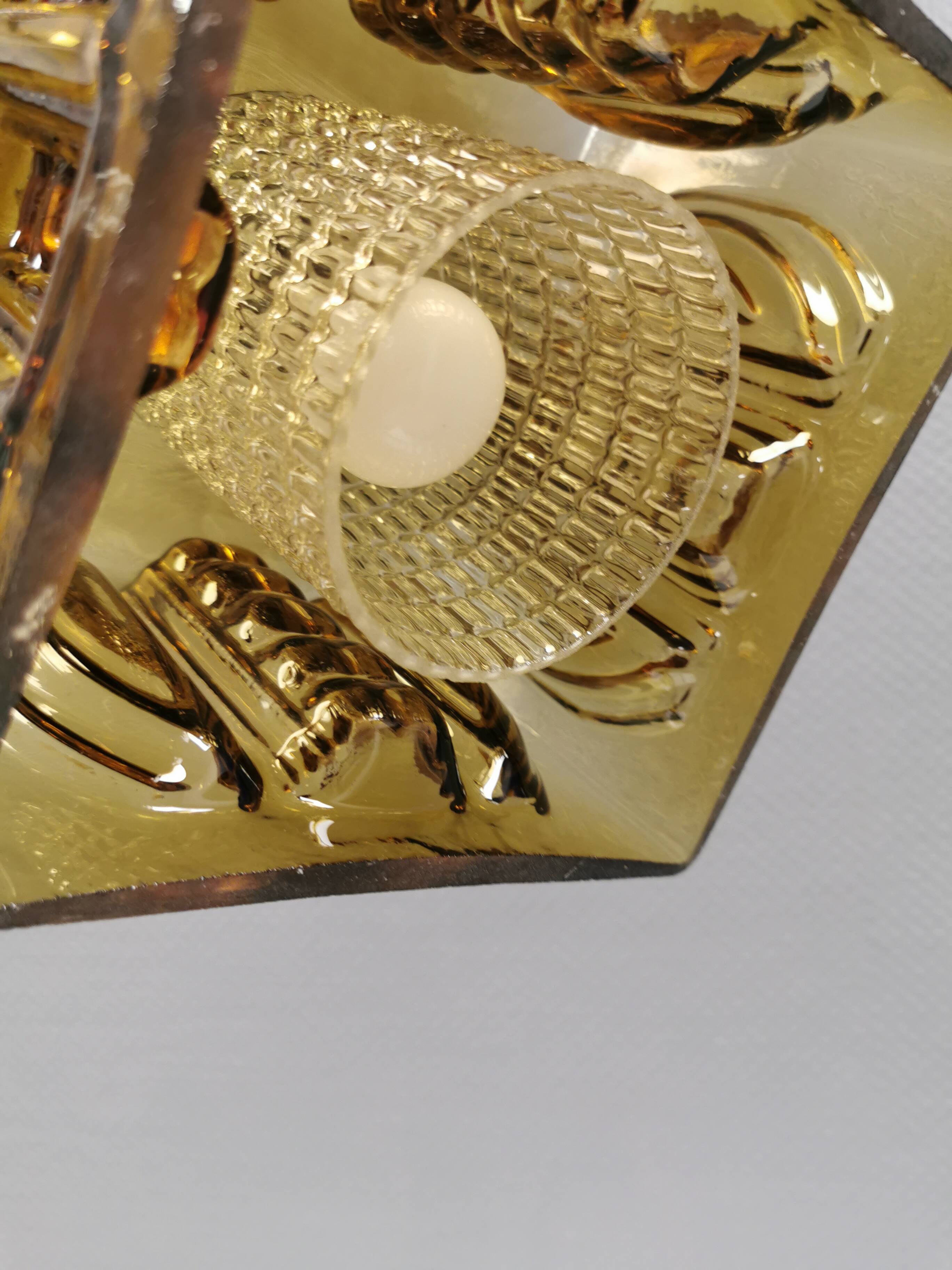 Older square hanging lamp with olive colored outer glass with inner shade of crystal glass