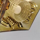 Older square hanging lamp with olive colored outer glass with inner shade of crystal glass
