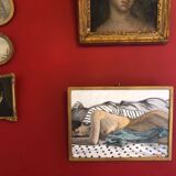 Old oil on panel depicting a nude scene with its golden frame