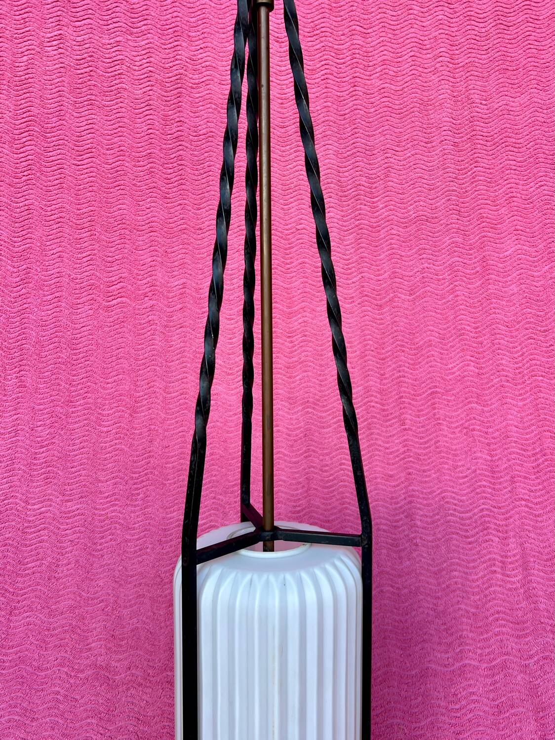 LAMP/IRON SUSPENSION FORGED OPAQUE WHITE GLASS CYLINDRICAL TUBE