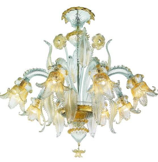 Luxury Italian Clear and Gold-Leaf Chandelier With Flowers and Leaves Muran
