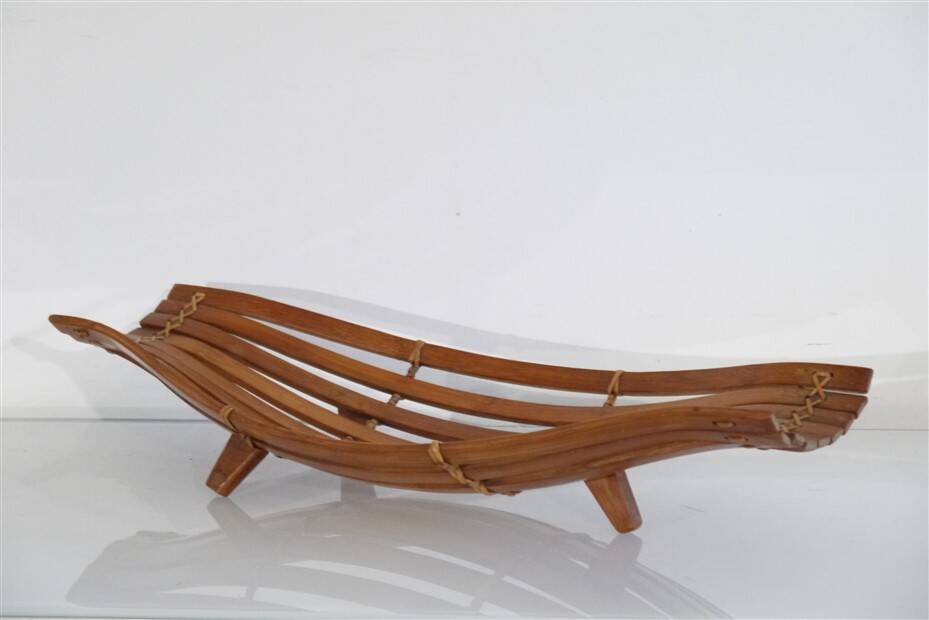 Vintage curved wood and rattan basket 1960