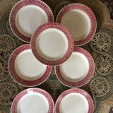 Seven old flat plates in bistro style