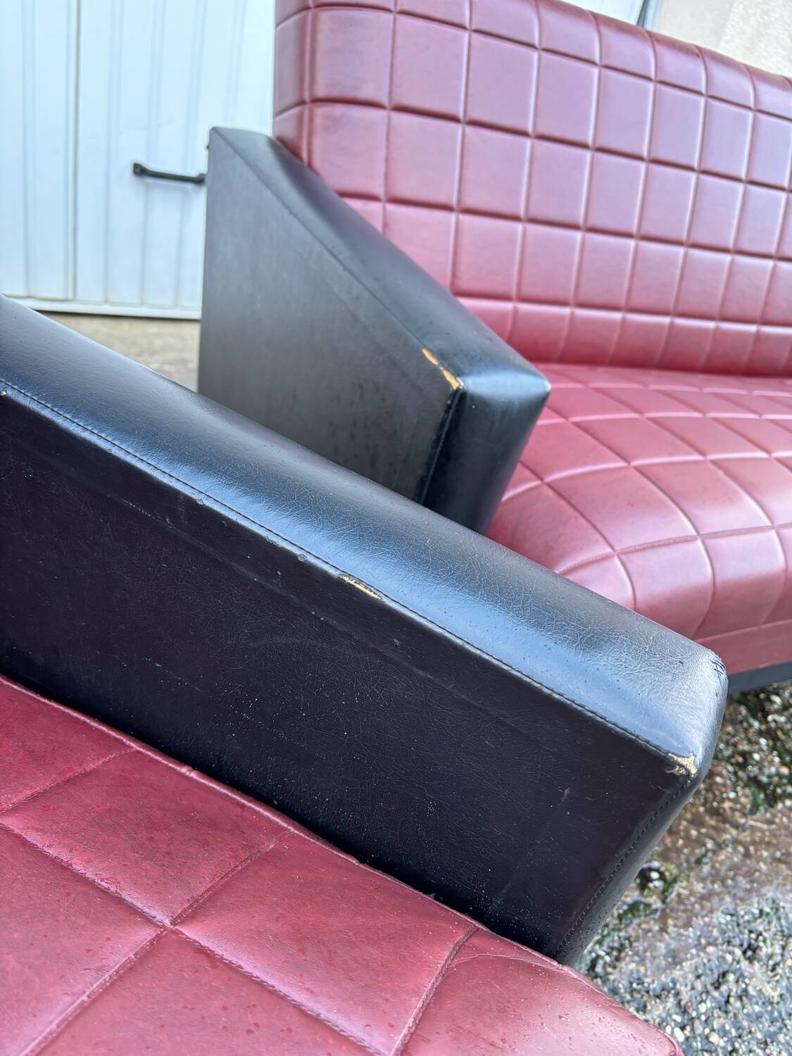 Vintage 70s red and black embossed sofa armchair set