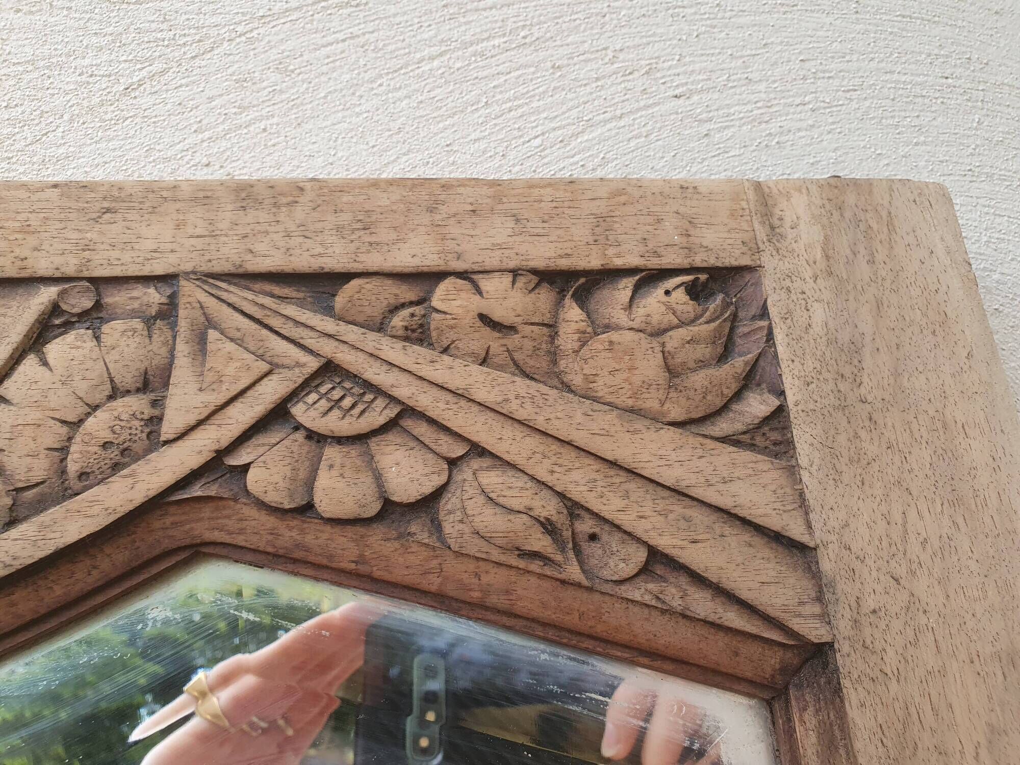 Art deco beveled mirror, old ice cabinet door