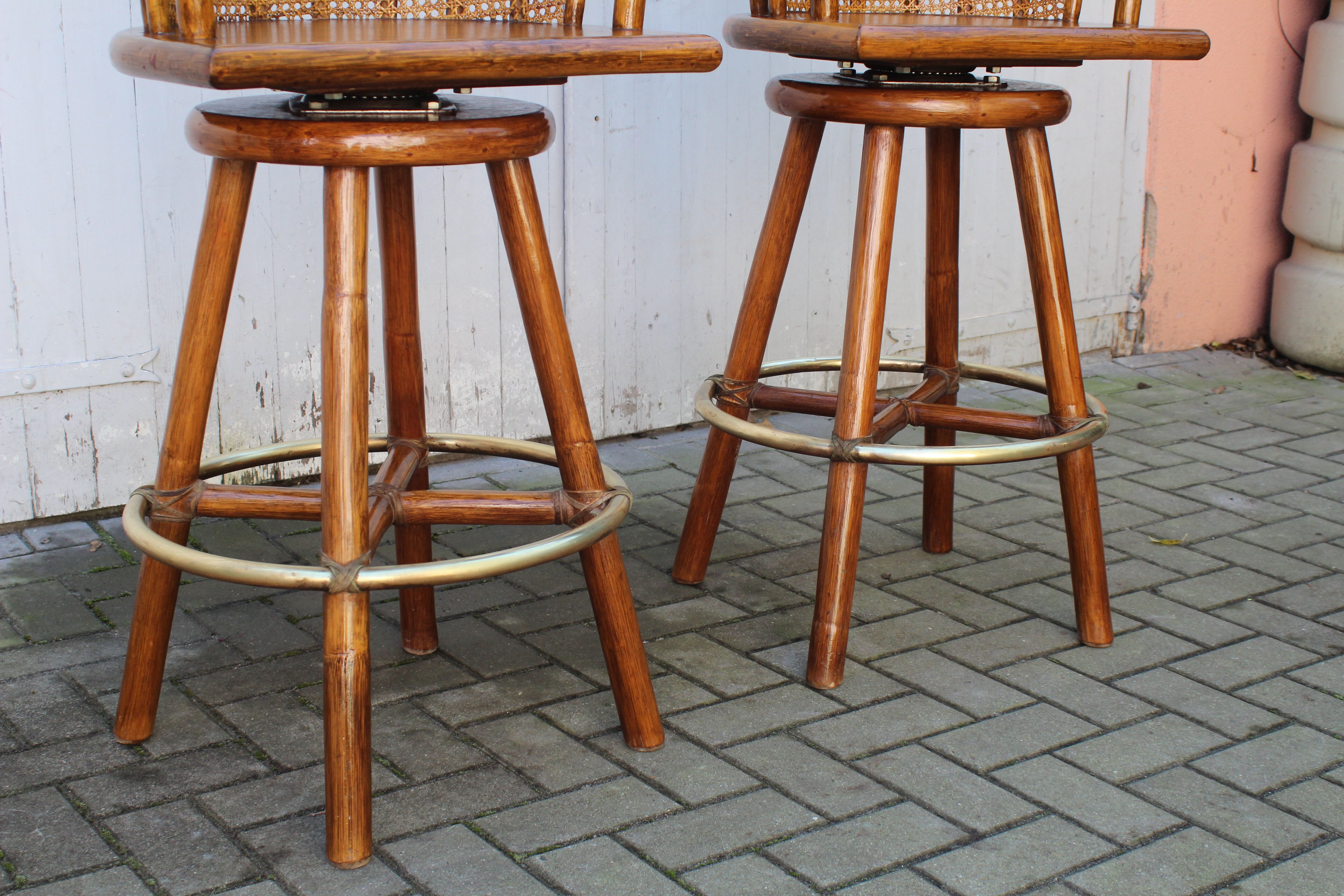 Pair of bamboo bar stools full canned colonial style 1960