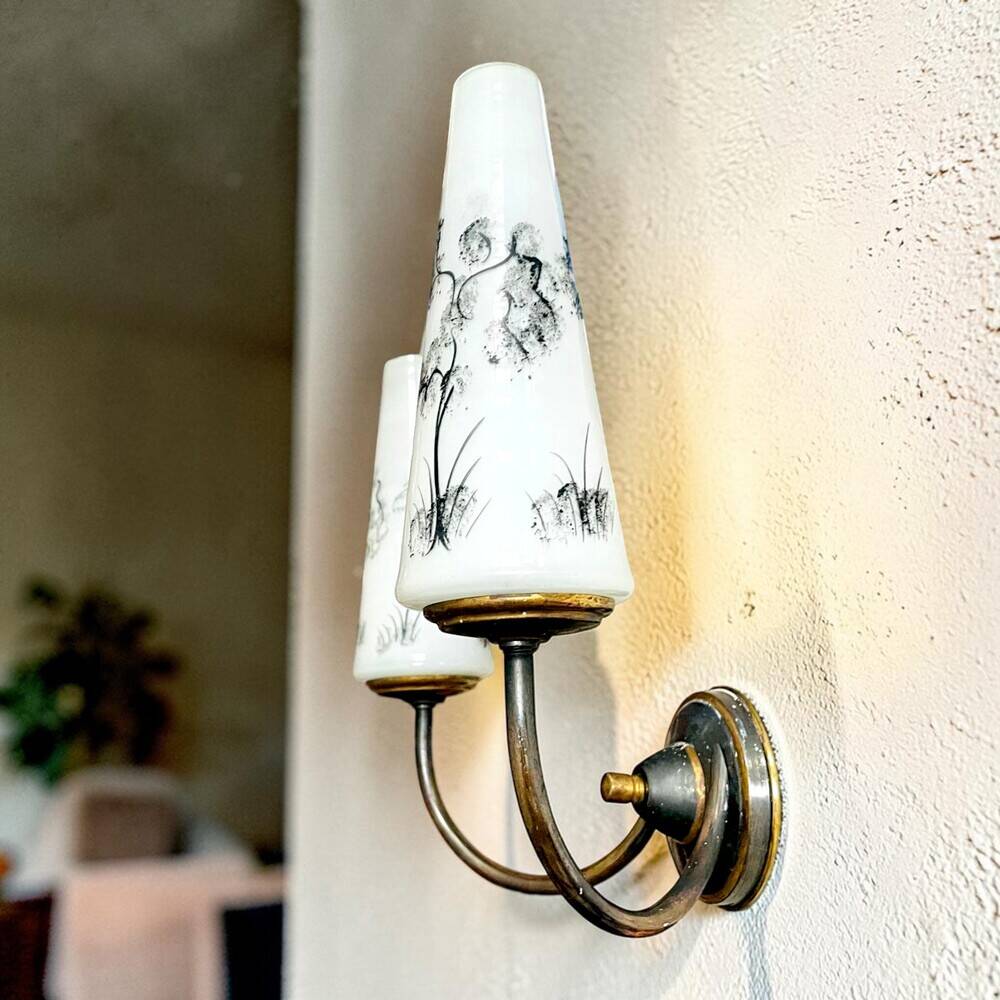 Pair Mid century brass and glass double wall sconces