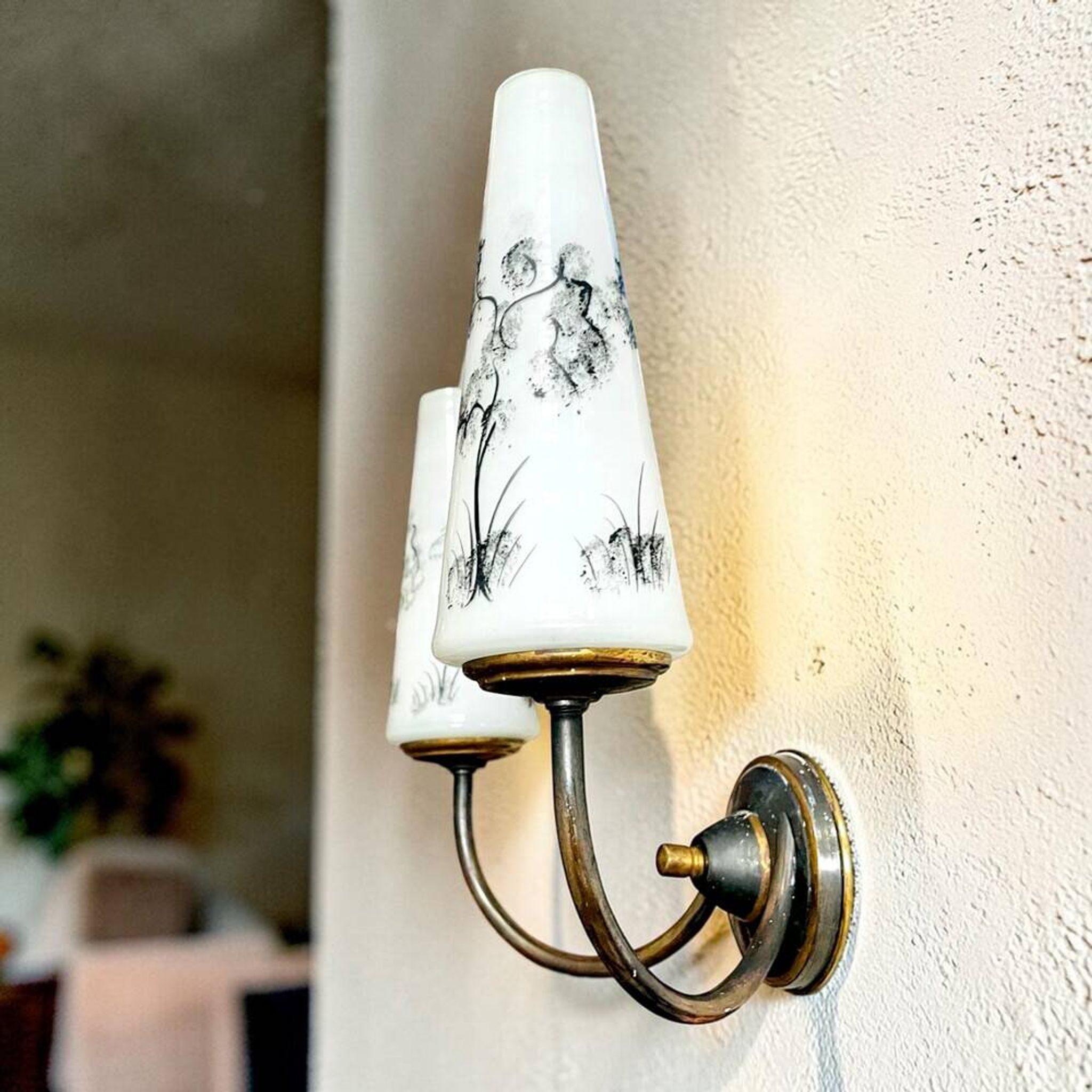 Pair Mid century brass and glass double wall sconces
