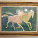 Framed painting representing horses, signed, XX th