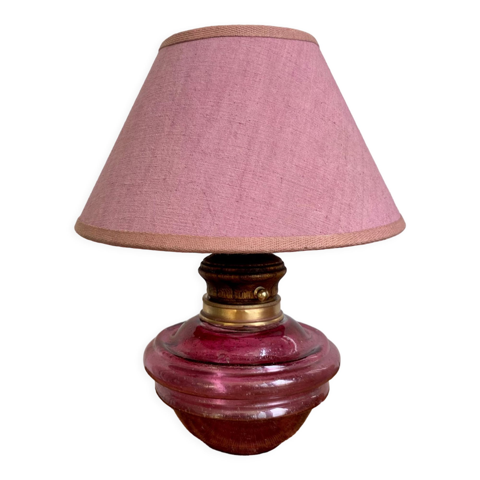 Glass lamp, wood, lampshade, fabric cable 2 m