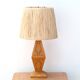 Wooden "totem" lamp, raffia lampshade, 70s