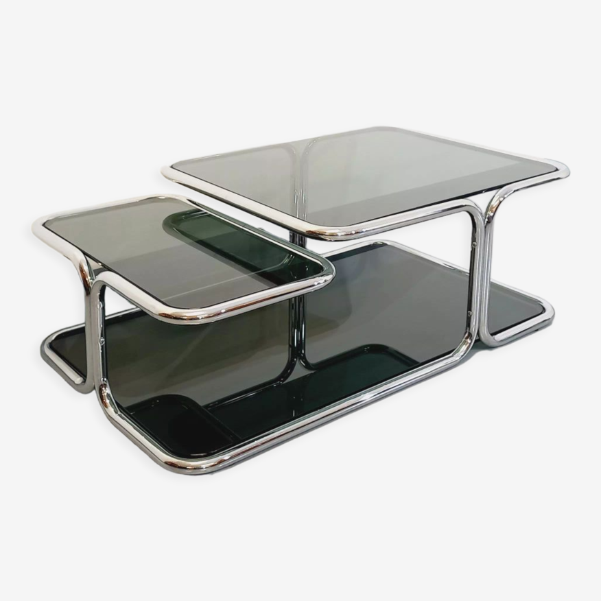 Table basse italienne vintage 3 niveaux en verre fumé et métal chromé des  années 70 | Selency