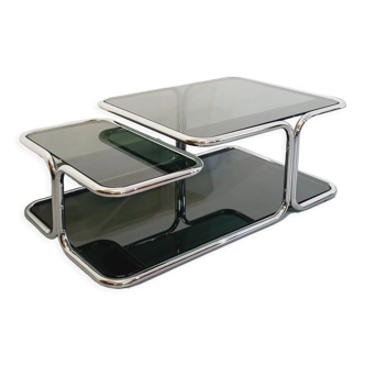 Table basse italienne vintage 3 niveaux en verre fumé et métal chromé des années 70
