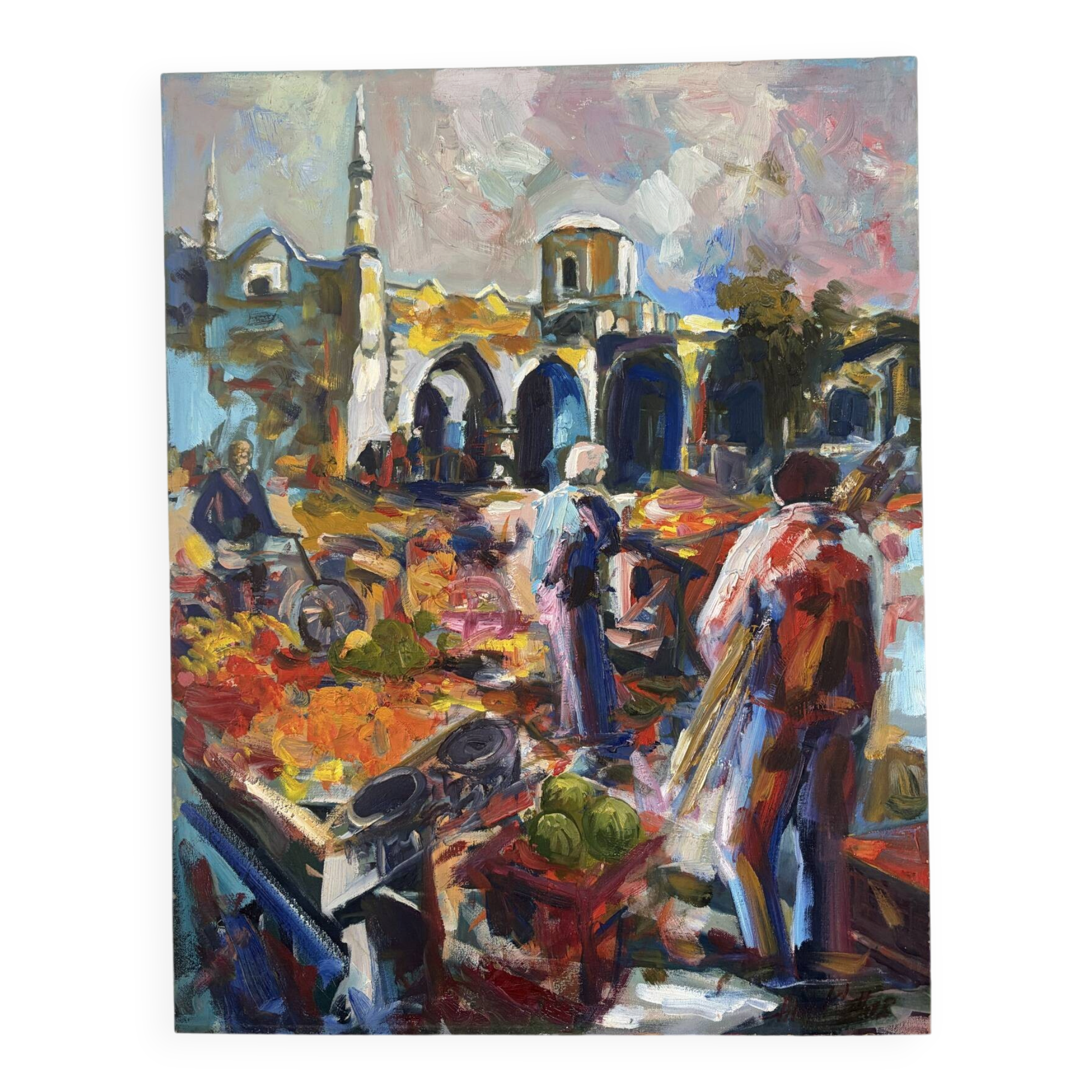 Le marché à Chypre, huile à couteau,  signé Alex Khattab