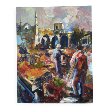 Le marché à Chypre, huile à couteau,  signé Alex Khattab