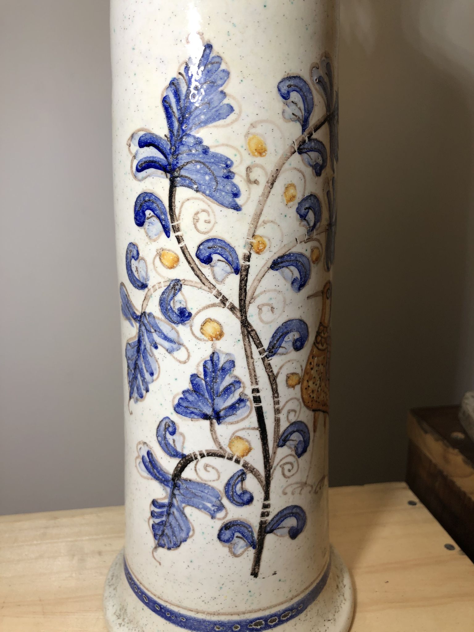 Painted terracotta bottle in black style signed CS bird painting floral decoration