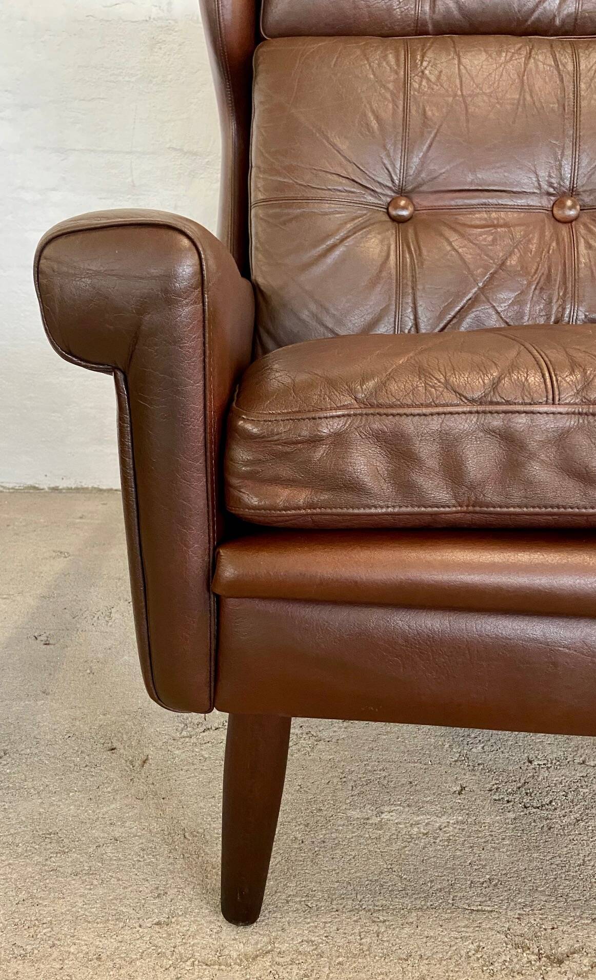 Vintage danish retro mid-century svend skipper cognac leather chair & stool 60s