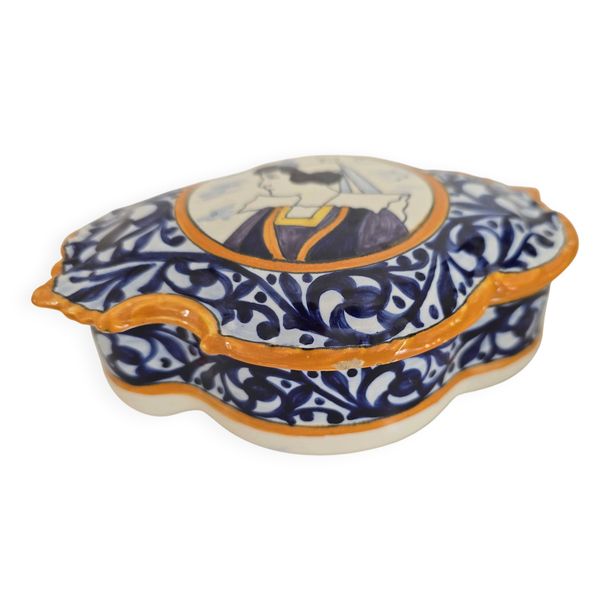 Covered bonbonnière HB Quimper pottery – Breton woman in headdress – arabesque frieze