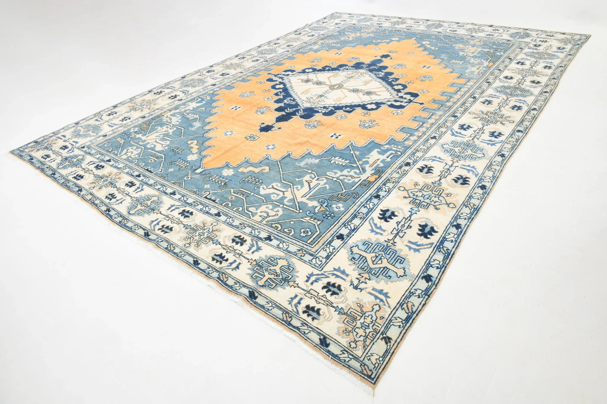 Vintage Large Blue & Peach Persian Rug, Handmade Wool Rustic Decor,348x495