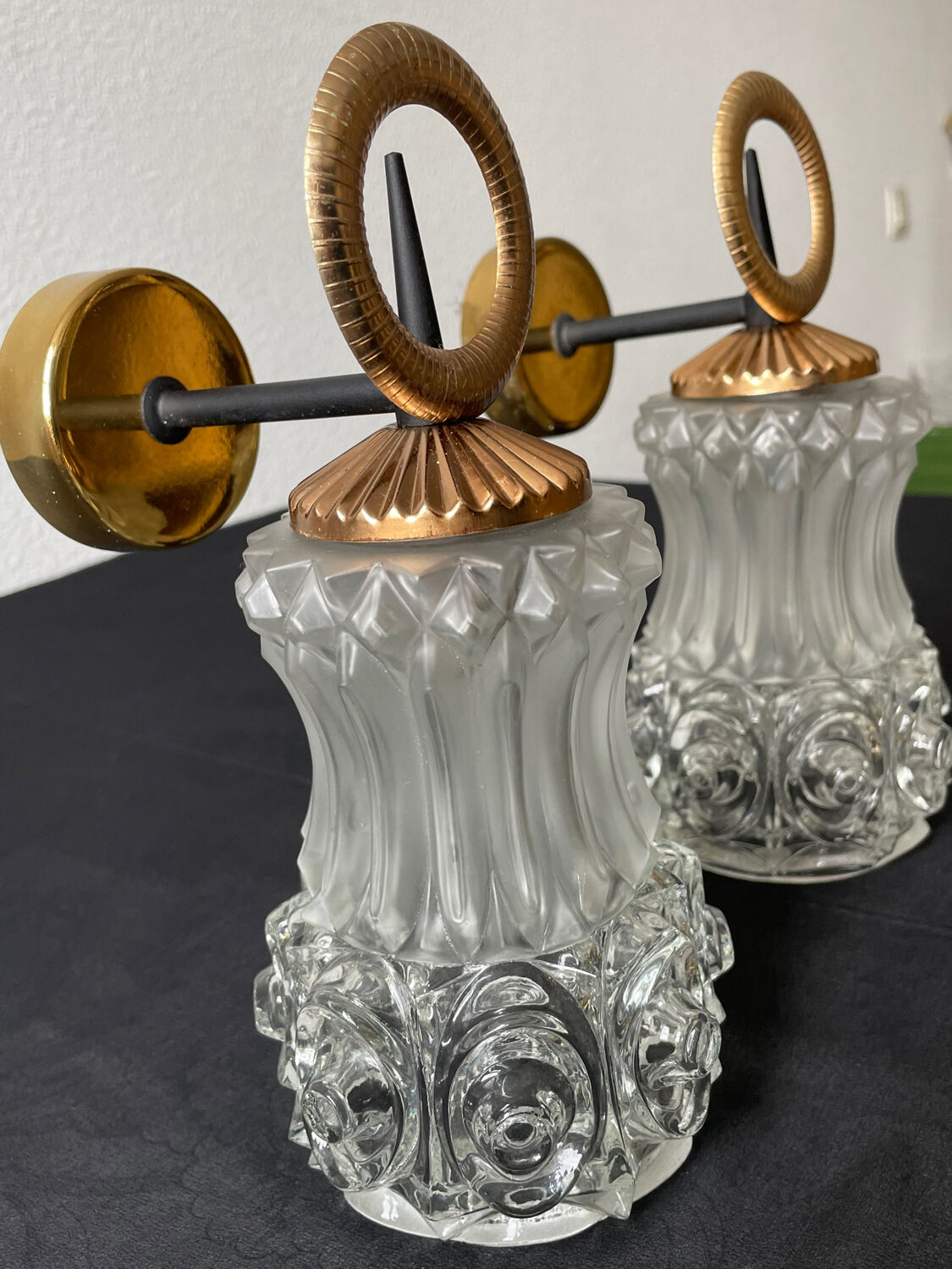 Pair of wall sconces molded glass 60s 70s