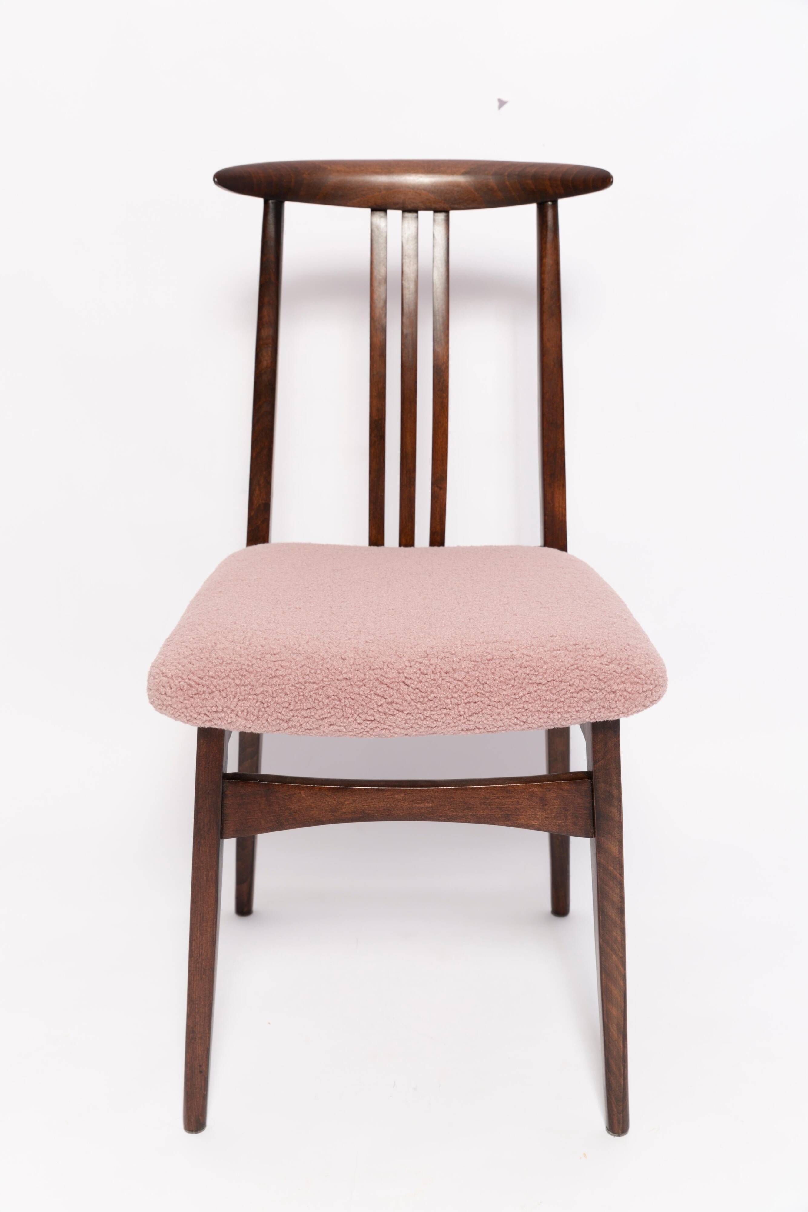 Mid-Century Beech Chair in Pale Pink Boucle, Walnut Wood, by M. Zielinski, Europe, 1960s