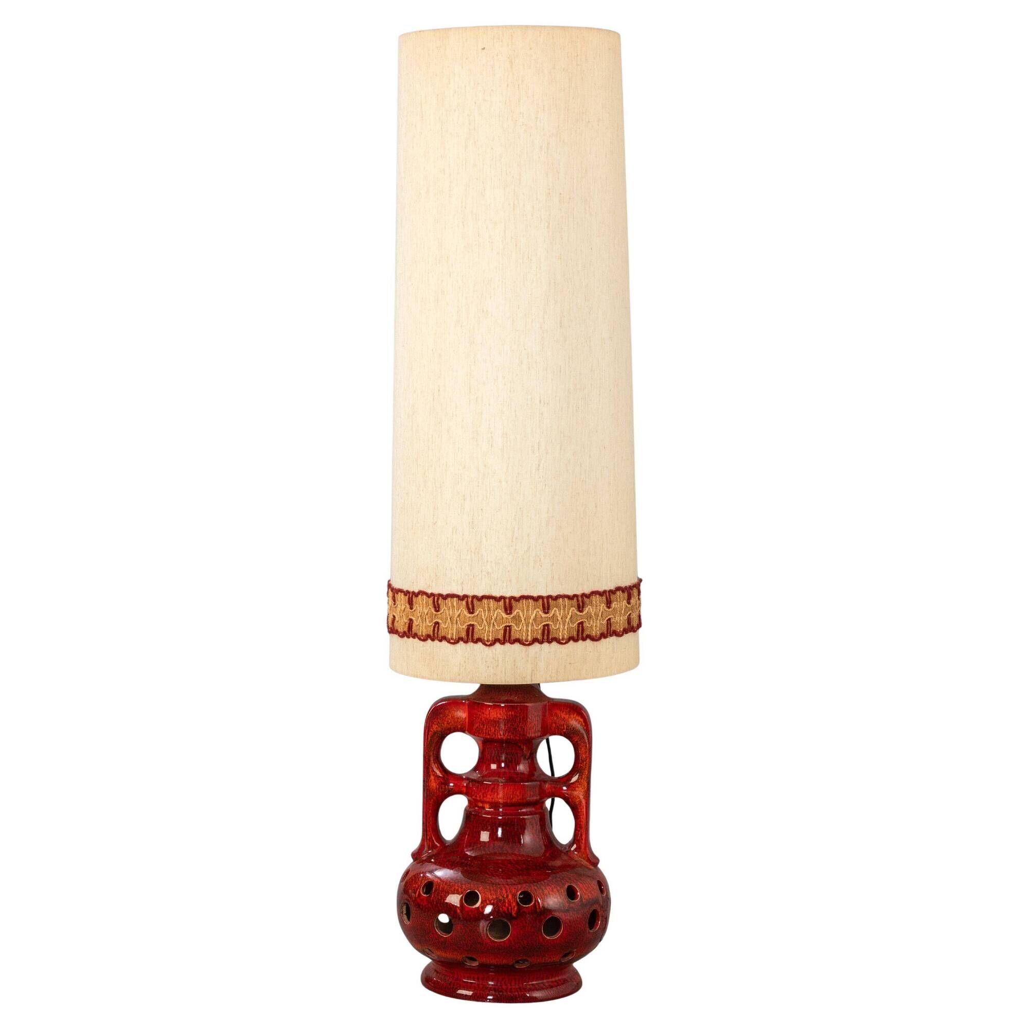 Ceramic Tall Enamelled Lamp in Red Tones Anonymous Artist France Vallauris 1960