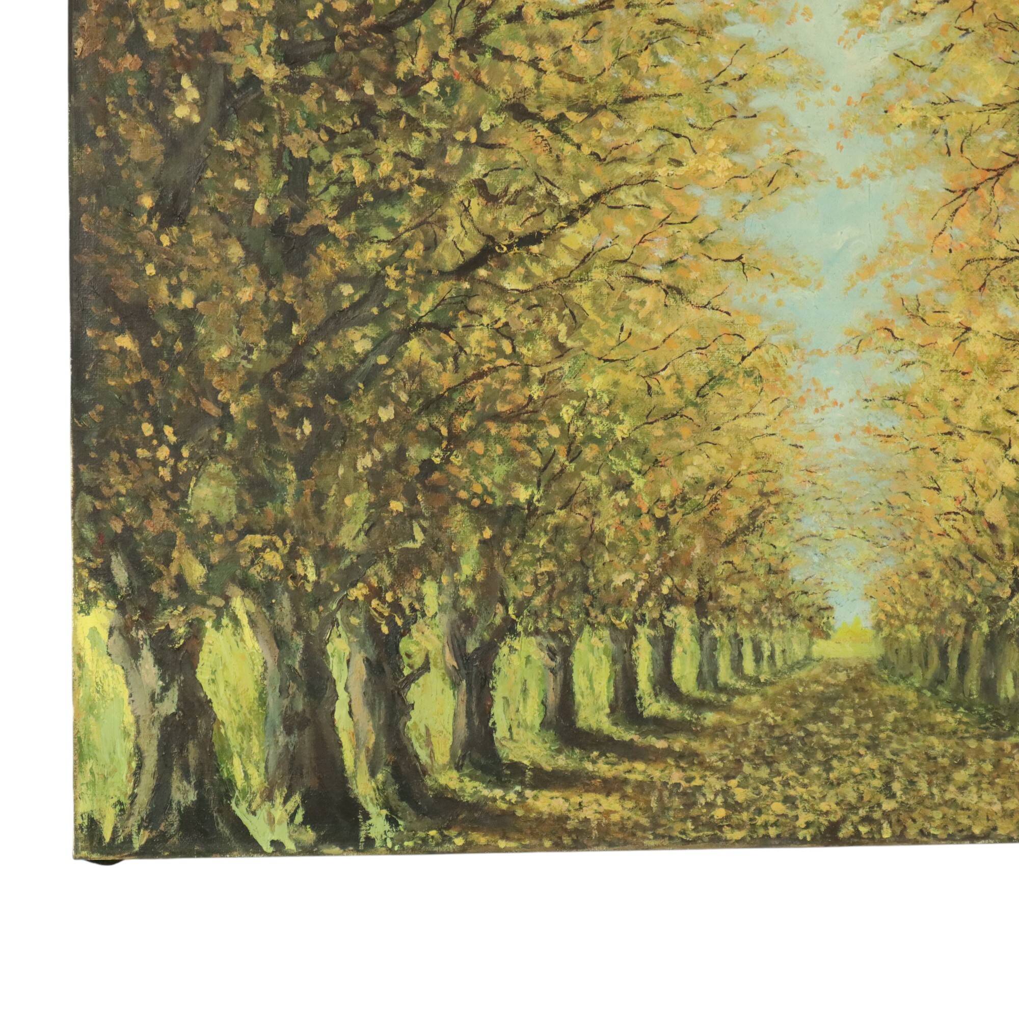 Large Vintage Painting on Canvas Perspective Trees Signed