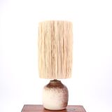 White and brown ceramic lamp, raffia shade