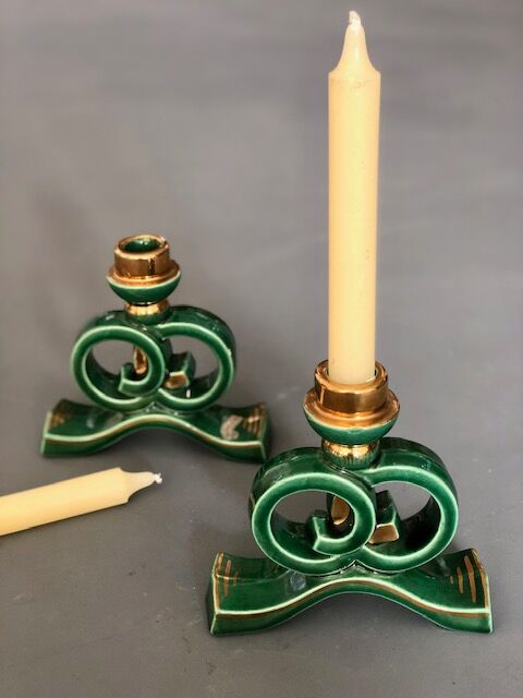 Green and gold candle holders in glazed ceramic