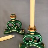 Green and gold candle holders in glazed ceramic