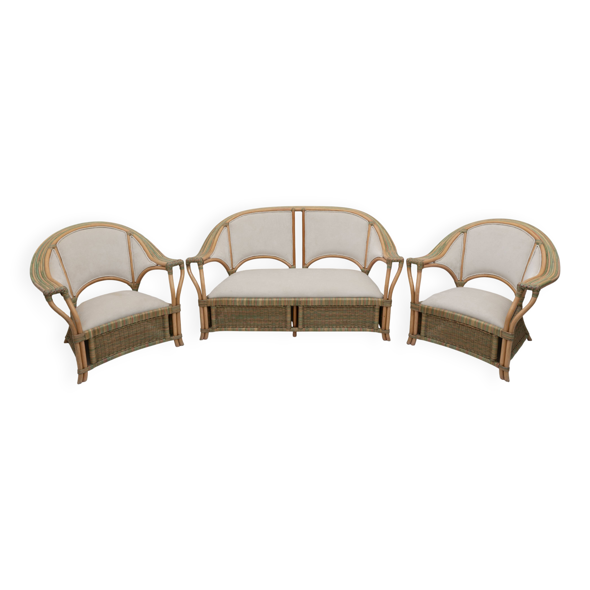 Mid-century Modern Italian Rattan and Wicker Two Armchairs and Sofa, 1970s
