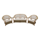 Mid-century Modern Italian Rattan and Wicker Two Armchairs and Sofa, 1970s