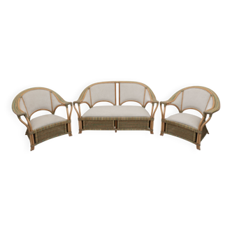Deux fauteuils et un canapé italiens modernes en rotin et osier, années 1970