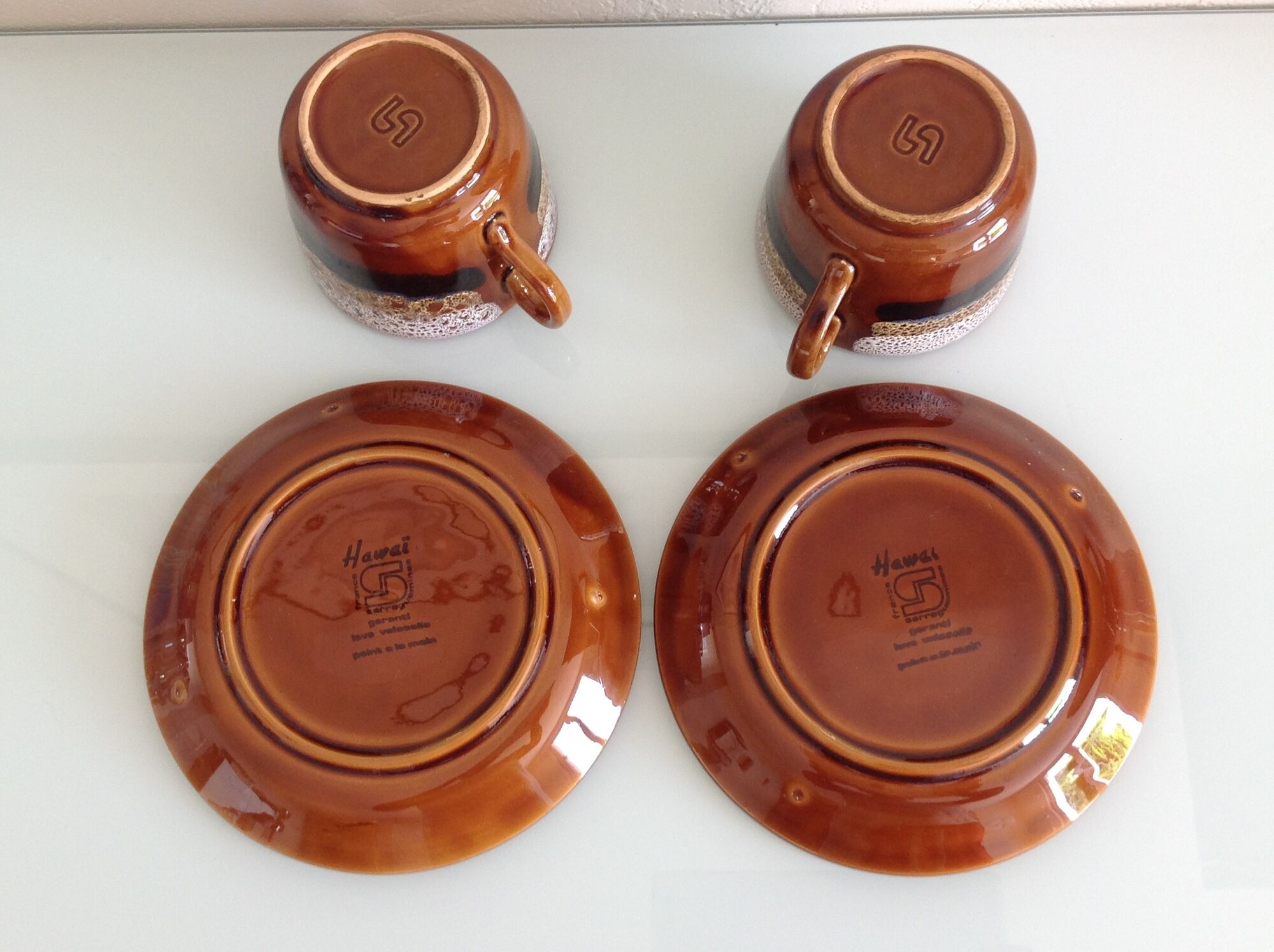Two cups with saucers decor Hawai des Faienceries de Sarreguemines vintage 60s-70s