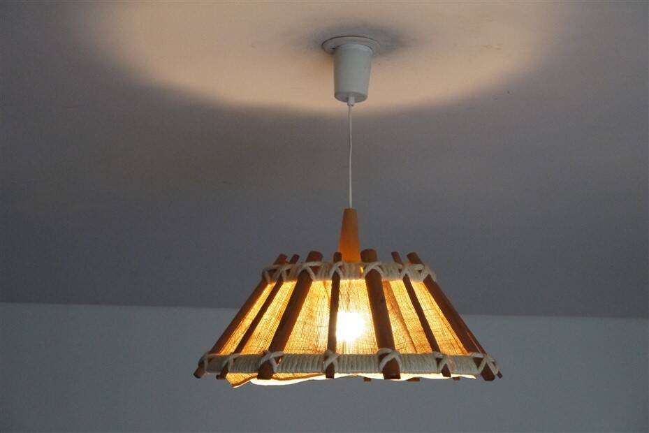 Vintage pendant lamp in wood and canvas 1970