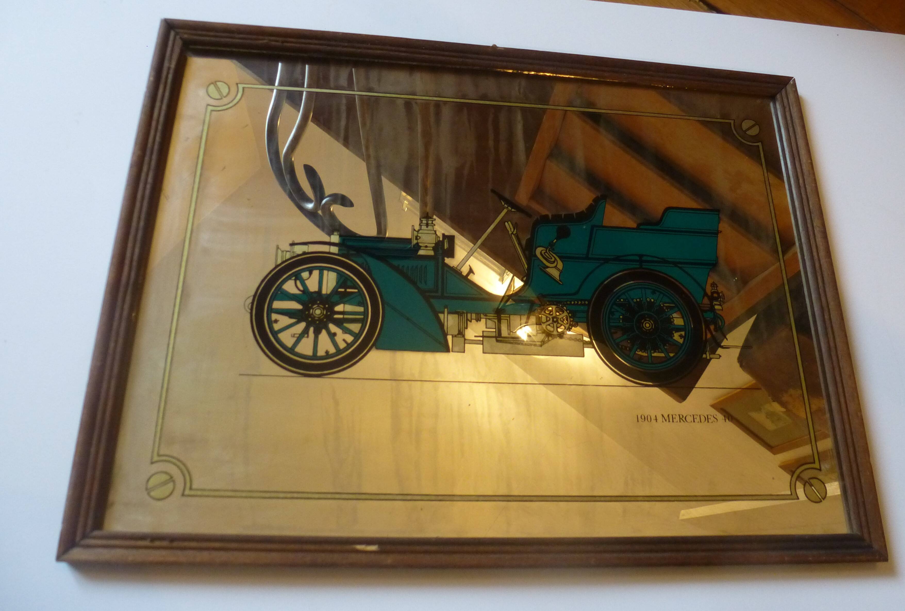Screen-printed mirror of old car "1904 Mercedes 40" vintage 1970s